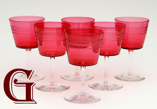 set six cranberry glass etched wine glasses
